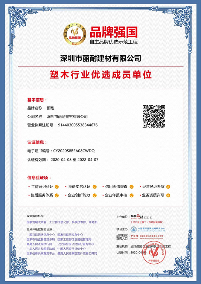 丽耐品牌强国示范工程荣誉证书