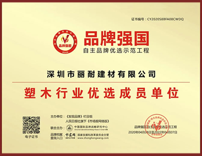 丽耐品牌强国示范工程荣誉牌
